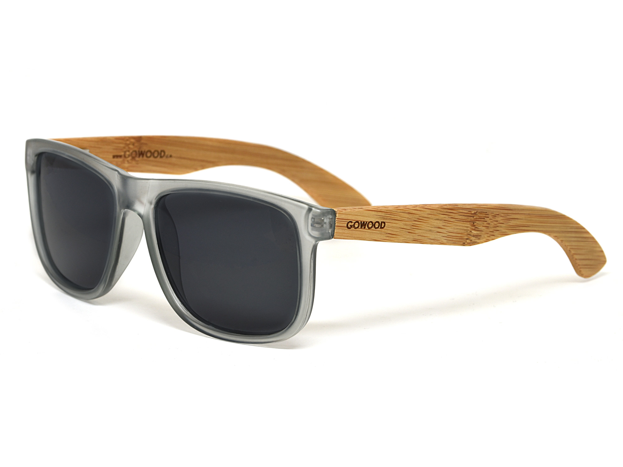 Square bamboo wood sunglasses with black polarized lenses