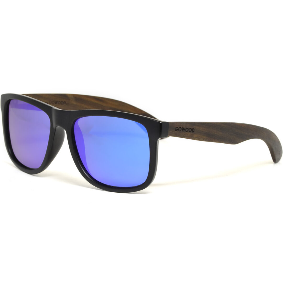 Square ebony wood sunglasses blue mirrored polarized lenses