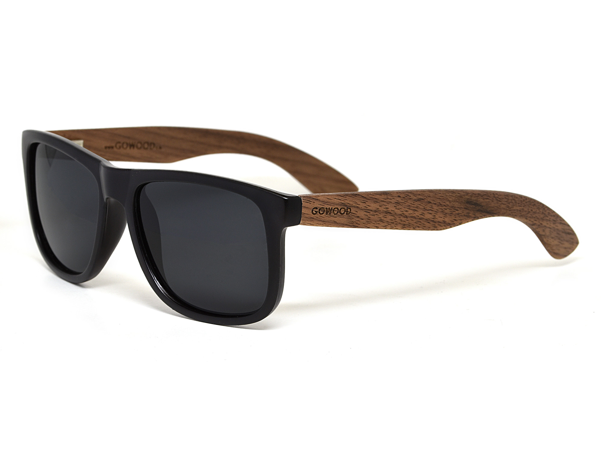 Square walnut wood sunglasses with black polarized lenses