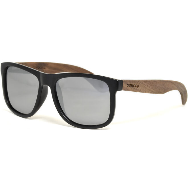 Square walnut wood sunglasses silver mirrored polarized lenses