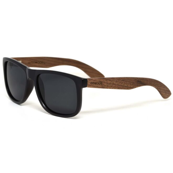 Square walnut wood sunglasses black polarized lenses left