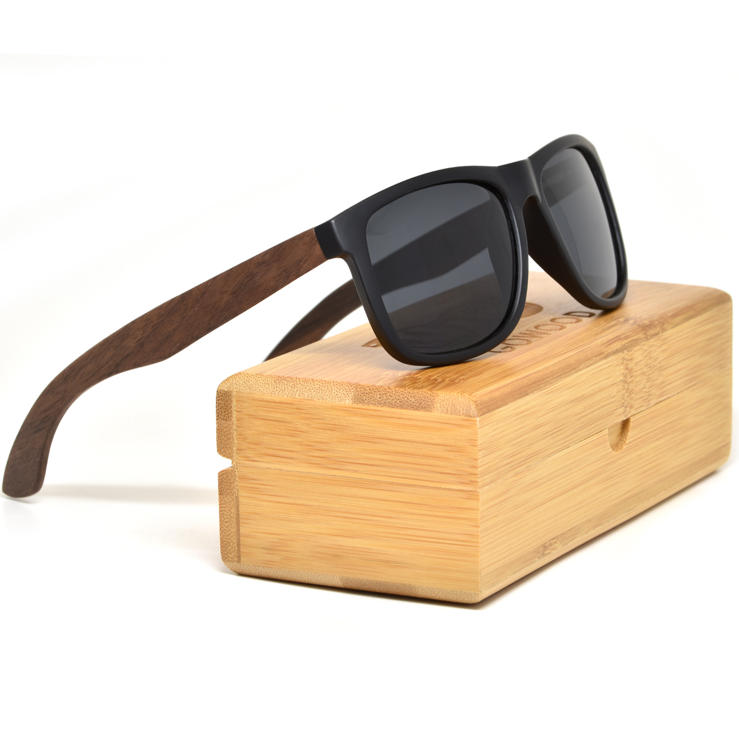 Square walnut wood sunglasses black polarized lenses bamboo box