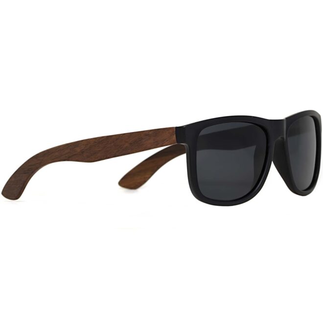 Square walnut wood sunglasses black polarized lenses right