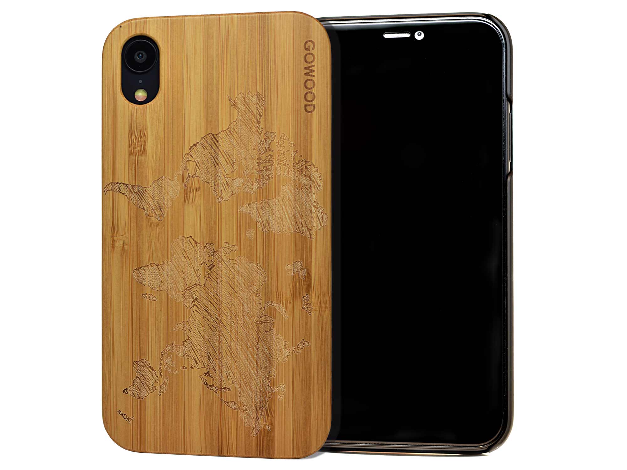 iPhone XR wood case, iPhone XR case bamboo world map | GoWood