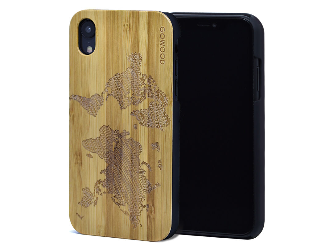 iPhone XR wood case world map front