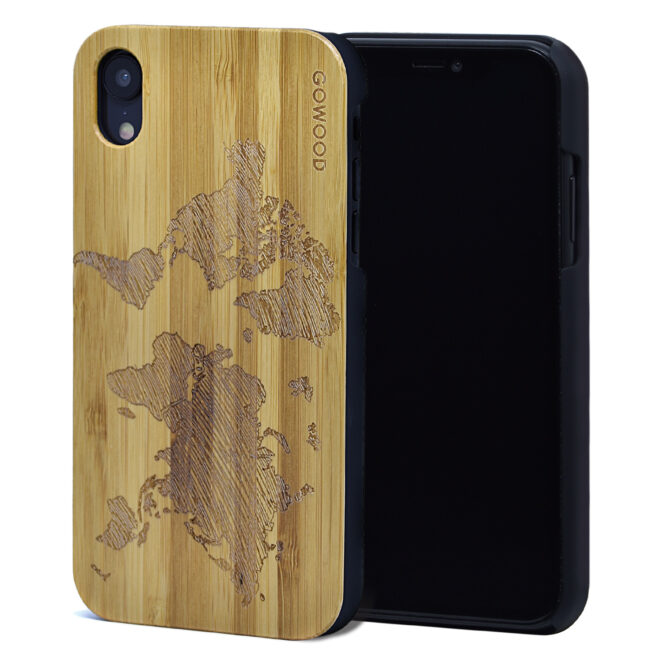 iPhone XR wood case world map front