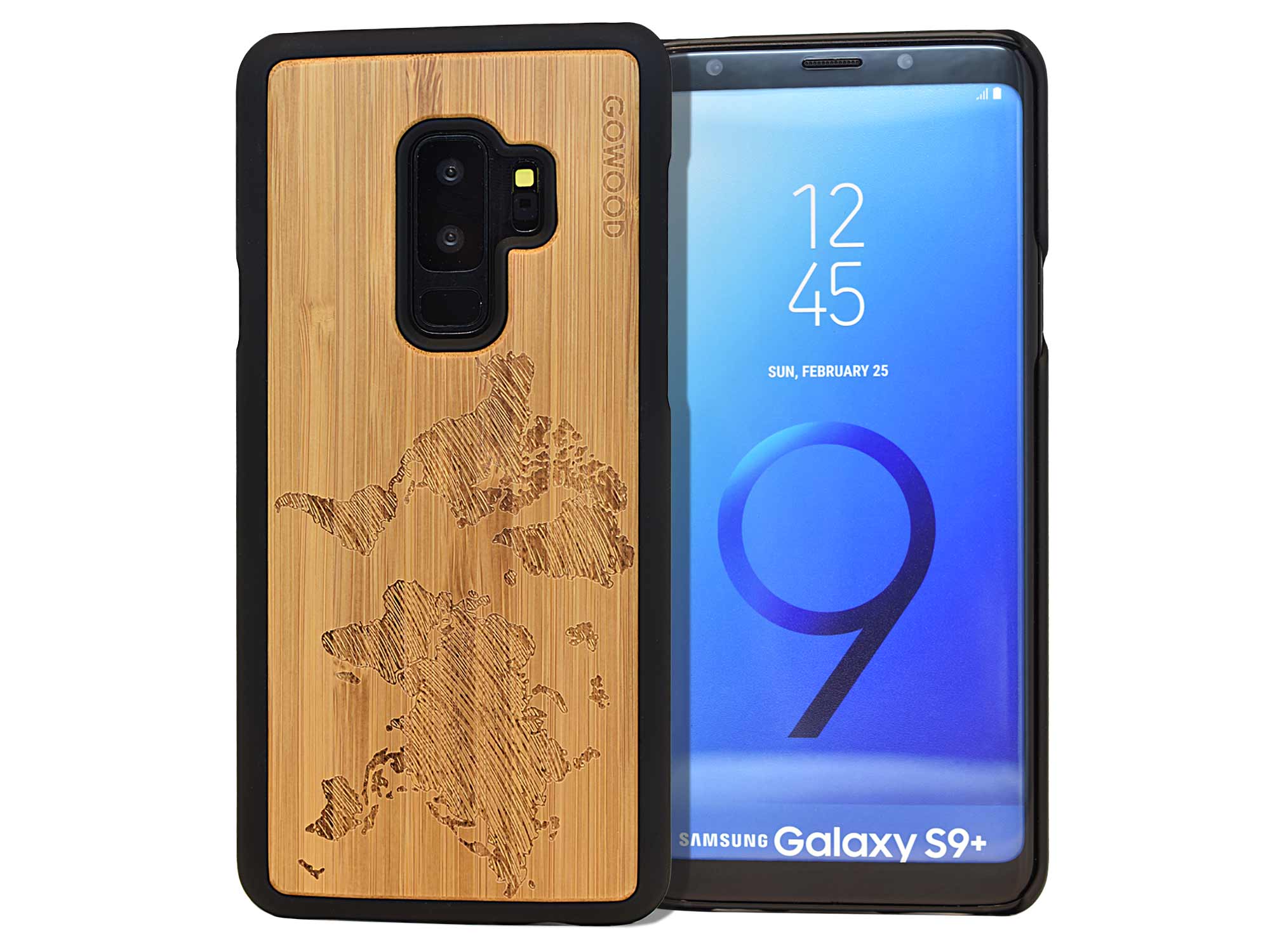 Samsung Galaxy S9 Plus wood case world map front