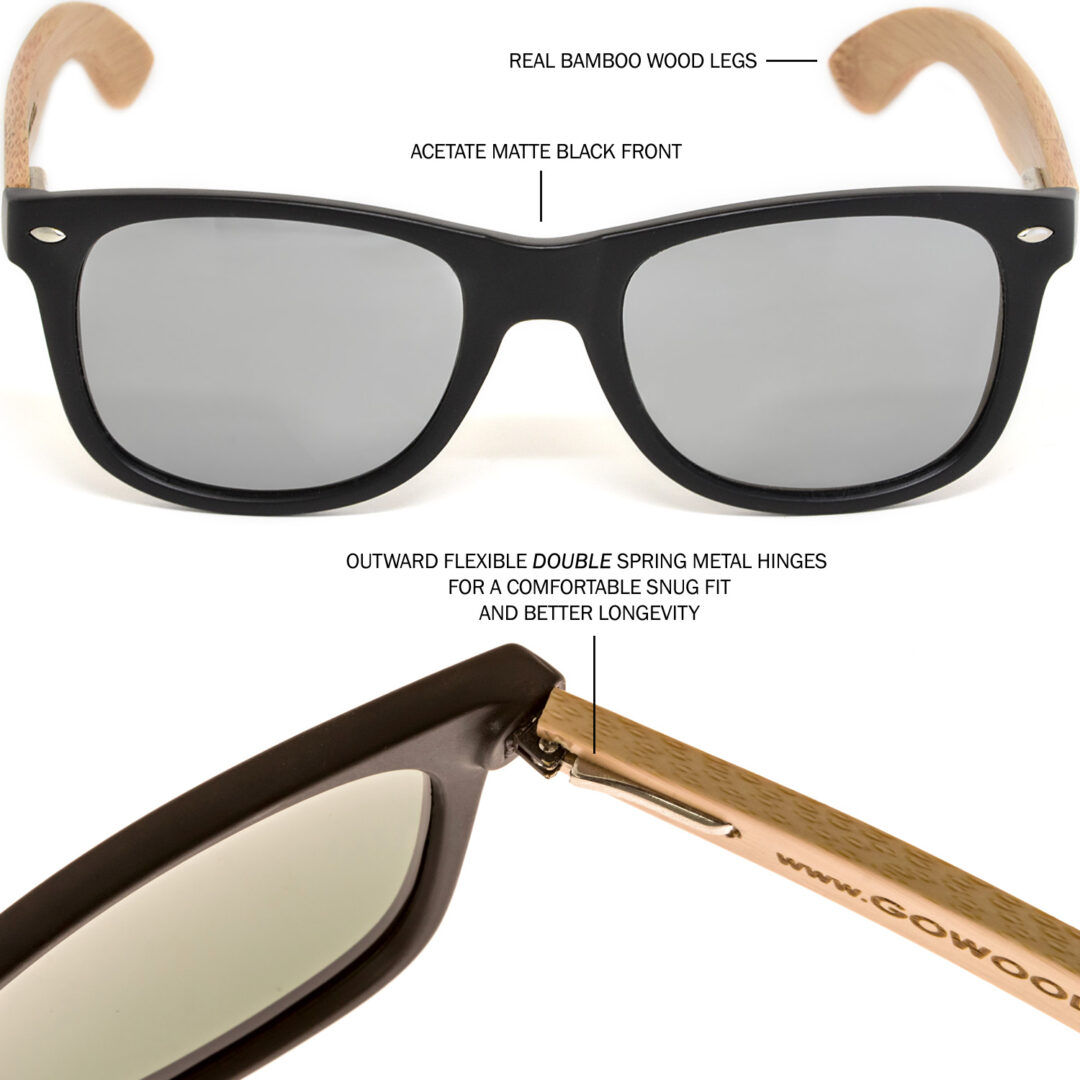 Bamboo wood wayfarer sunglasses silver lenses hinge