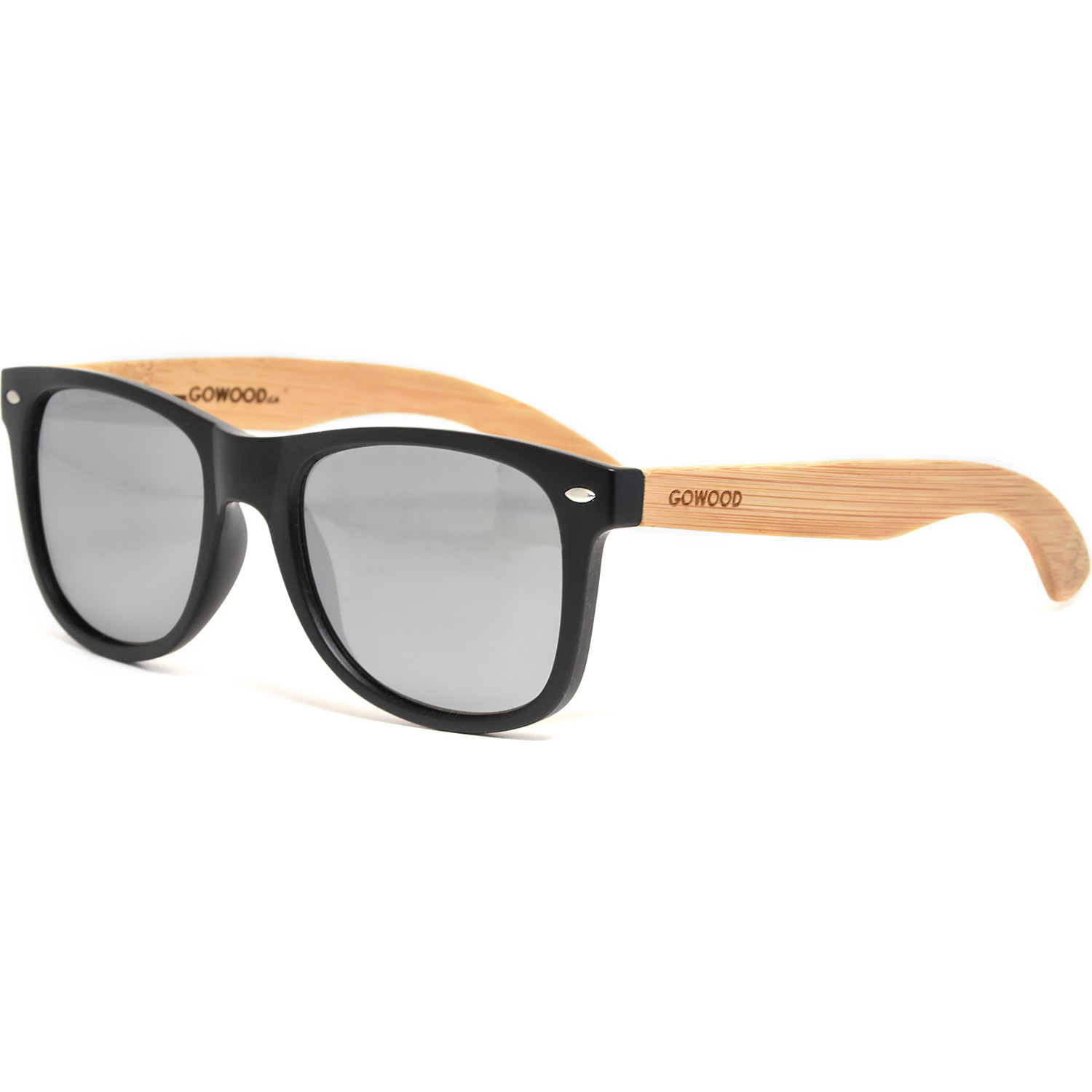 Bamboo wood wayfarer sunglasses with silver mirrored polarized lenses