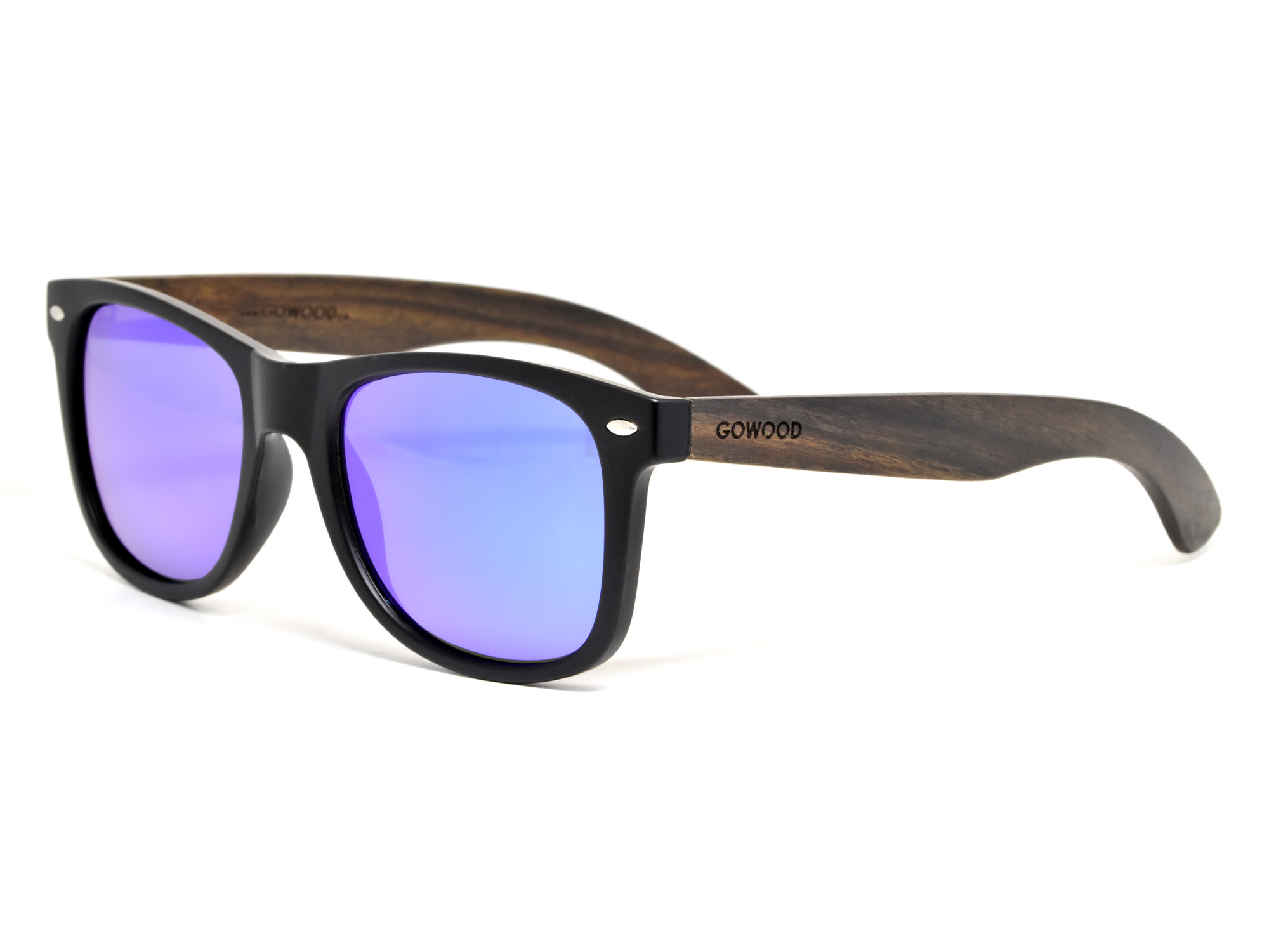 Ebony wood sunglasses with blue mirrored lenses