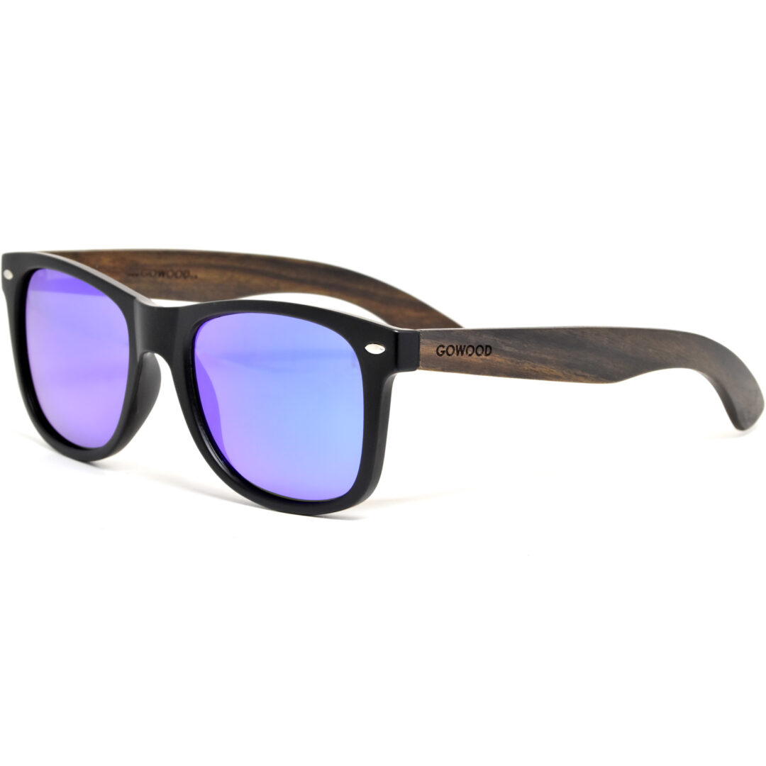 Ebony wood wayfarer sunglasses with blue mirrored polarized lenses
