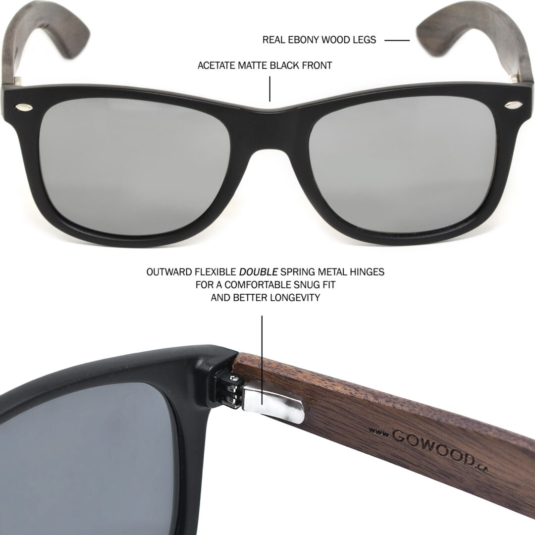 Ebony wood wayfarer sunglasses silver lenses hinge
