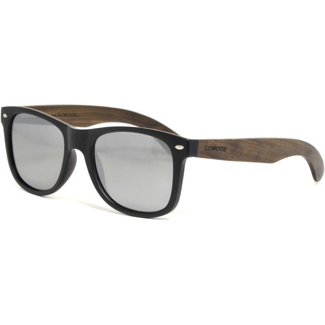 Ebony wood wayfarer sunglasses with silver mirrored polarized lenses