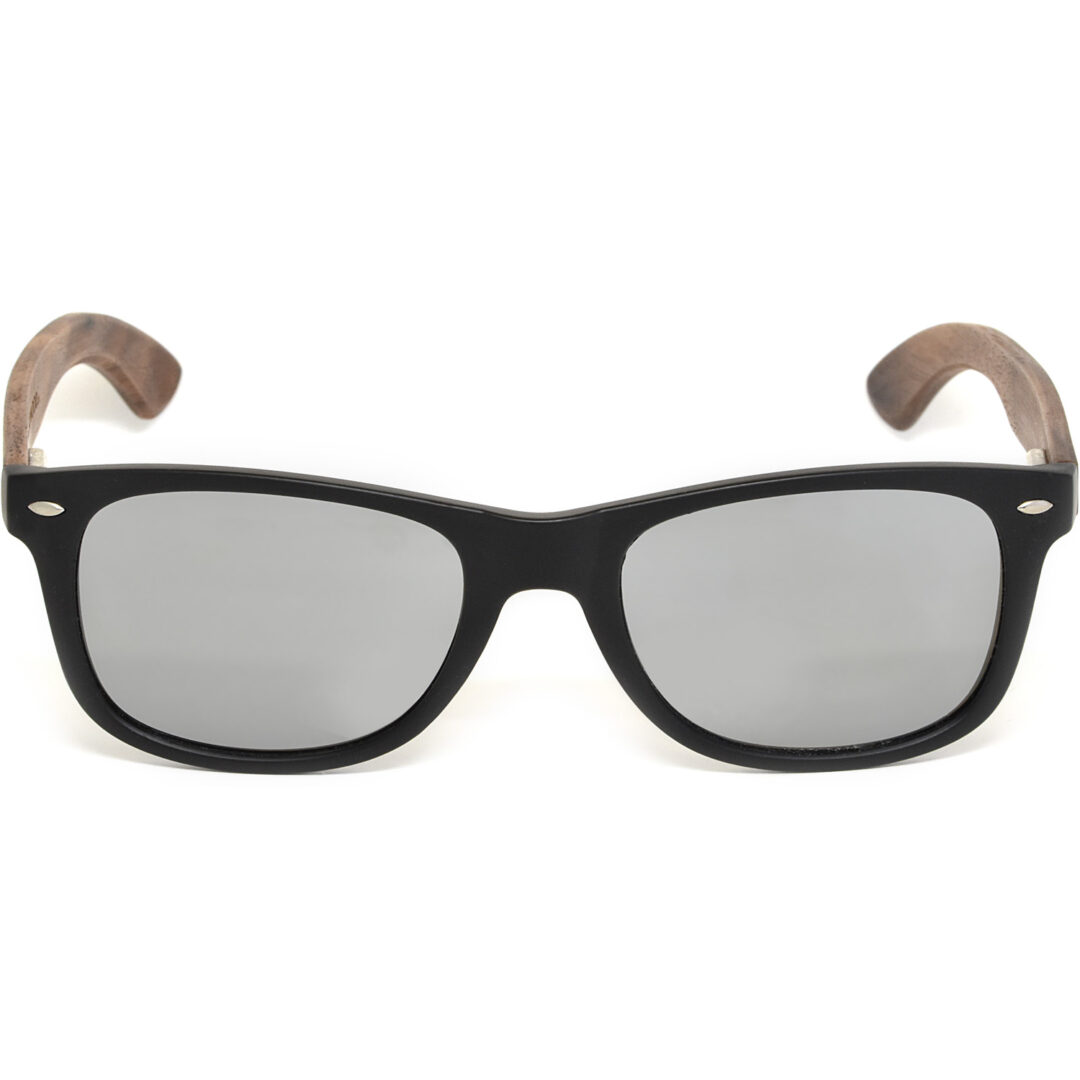 Walnut wood wayfarer sunglasses silver lenses acetate front frame