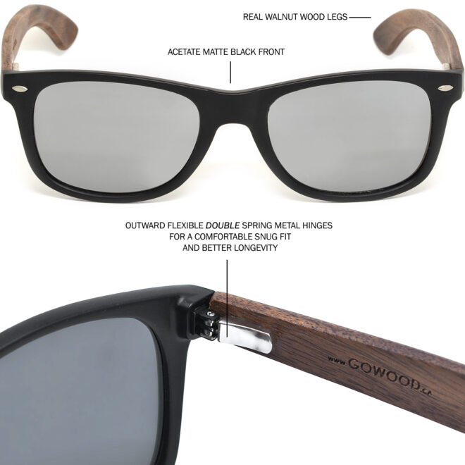 Walnut wood wayfarer sunglasses silver lenses hinge