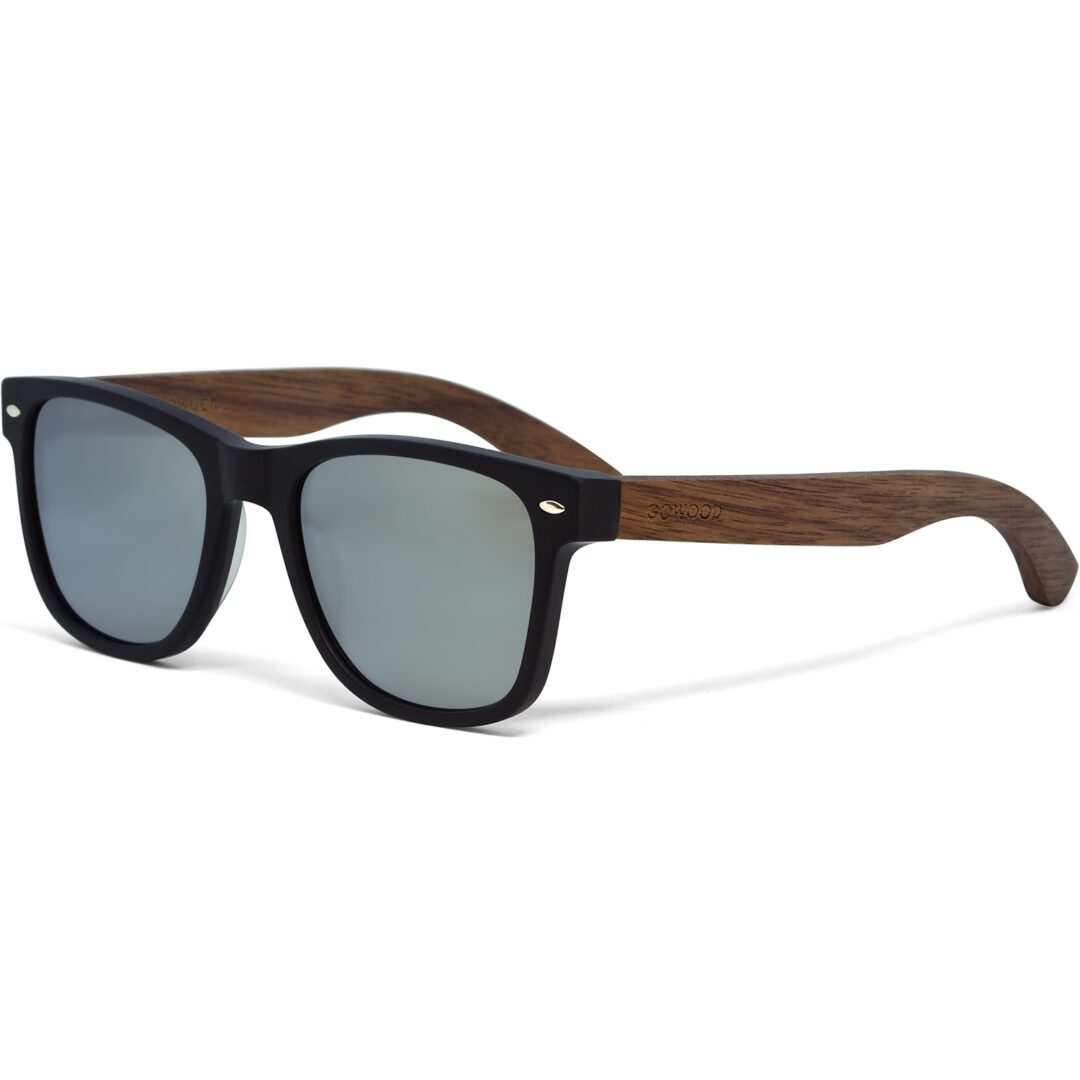 Walnut wood sunglasses with silver mirrored lenses