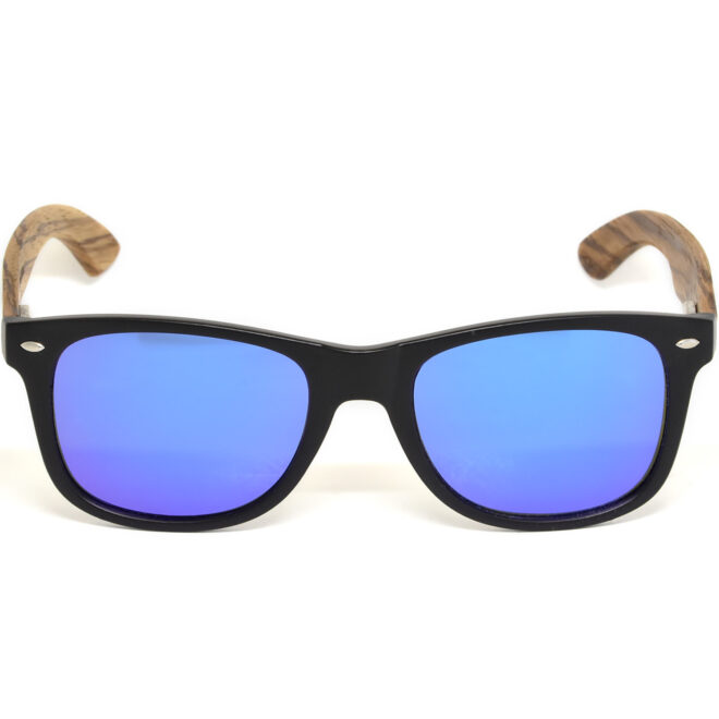 Zebra wood wayfarer sunglasses blue lenses acetate frame
