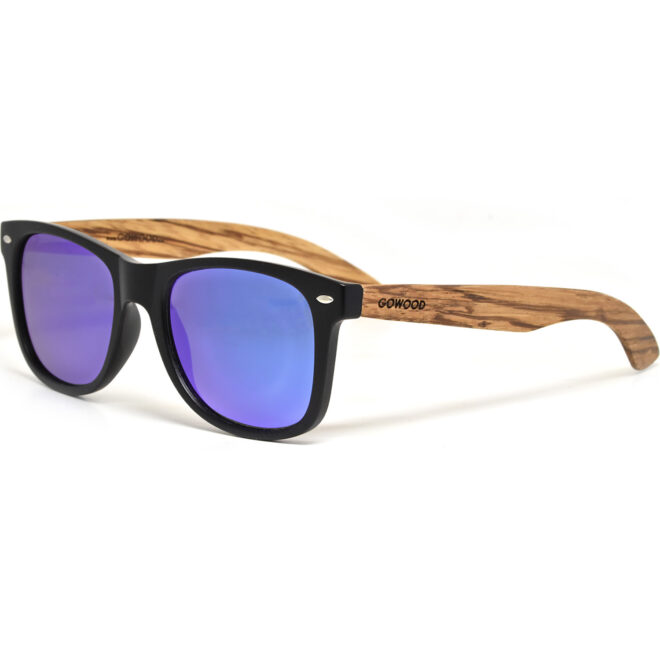 Zebra wood wayfarer sunglasses with blue mirrored polarized lenses