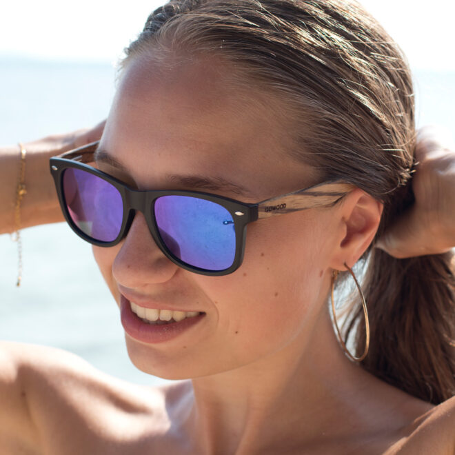 Zebra wood wayfarer sunglasses blue lenses acetate frame on women