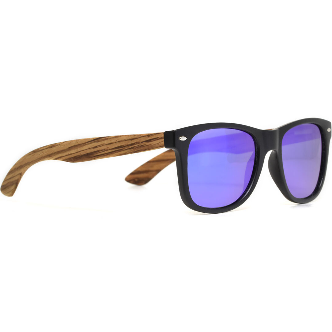 Zebra wood wayfarer sunglasses blue lenses right