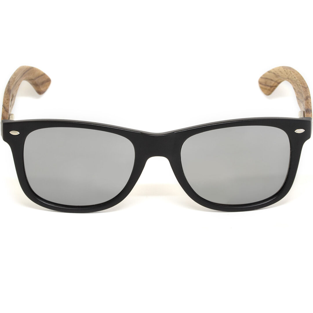 Zebra wood wayfarer sunglasses silver lenses acetate front frame