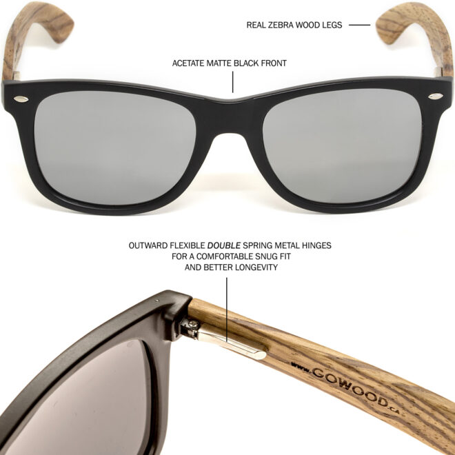 Zebra wood wayfarer sunglasses silver lenses hinge