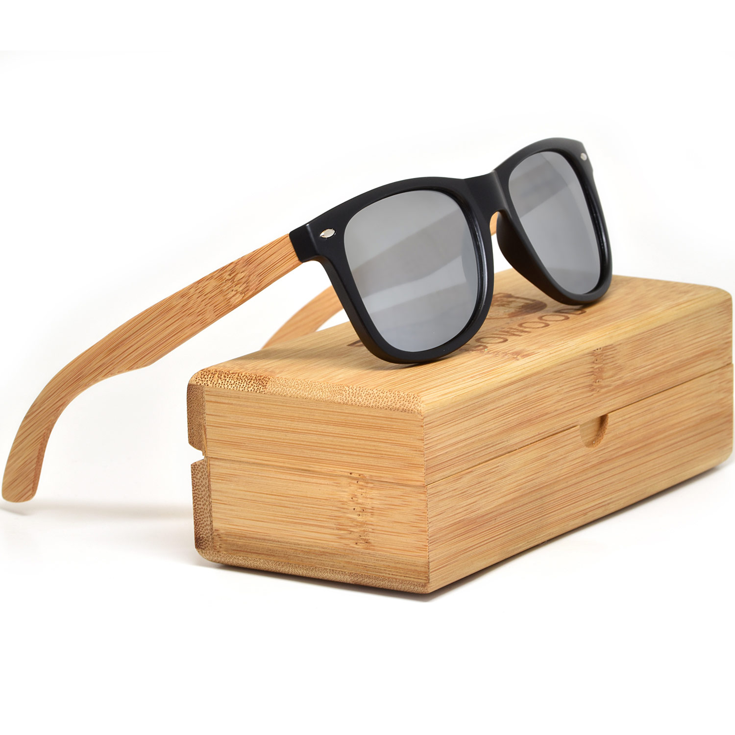 Bamboo wood wayfarer sunglasses silver lenses