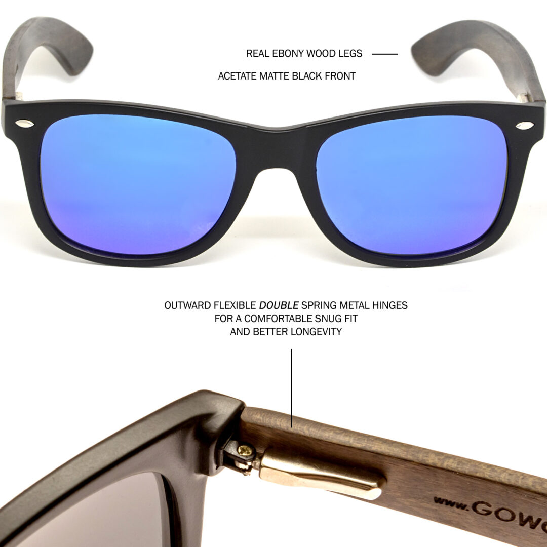 Ebony wood wayfarer sunglasses blue lenses hinge