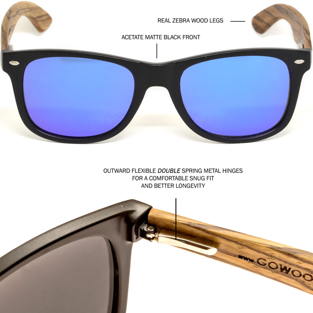 Zebra wood wayfarer sunglasses blue lenses hinge