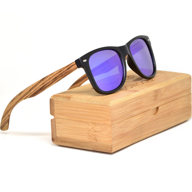 Zebra wood wayfarer sunglasses blue lenses