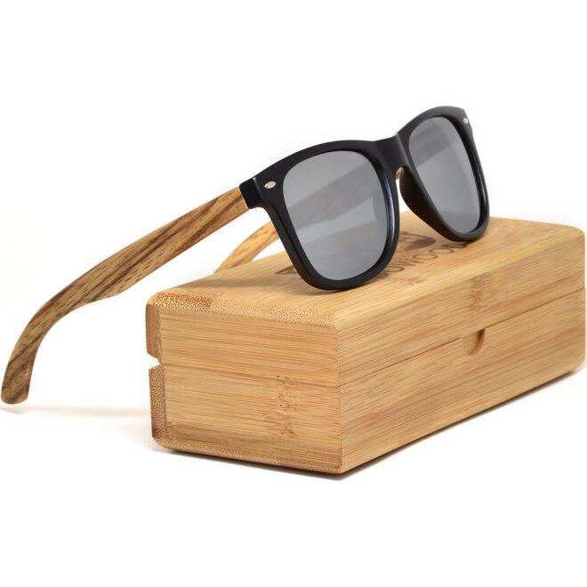 Zebra wood wayfarer sunglasses silver lenses bamboo box