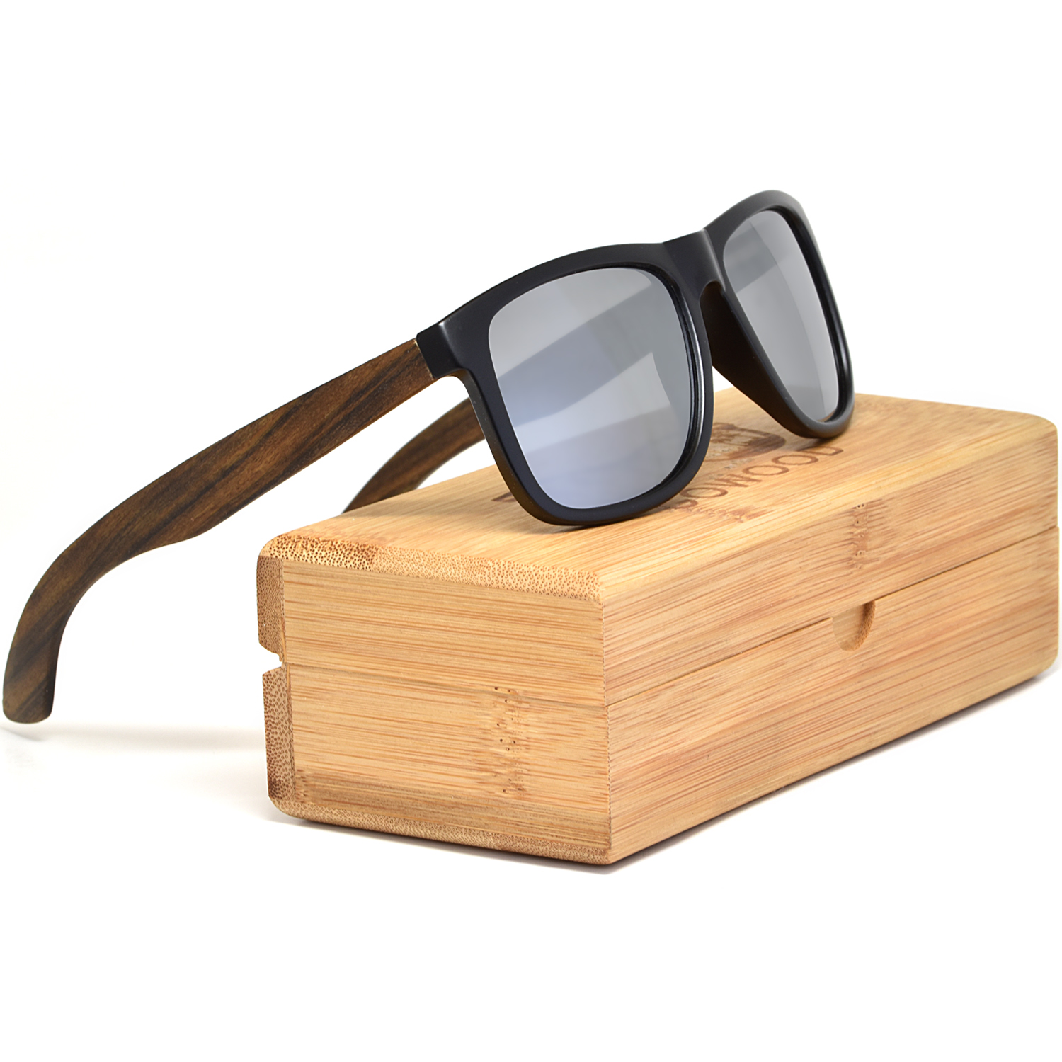 Square ebony wood sunglasses silver mirrored polarized lenses bamboo box