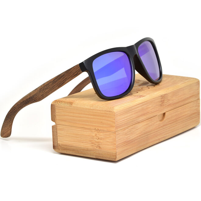 Square walnut wood sunglasses blue mirrored polarized lenses bamboo box