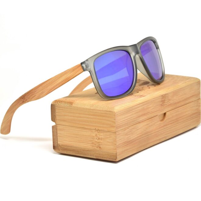Square bamboo wood sunglasses blue mirrored polarized lenses bamboo box