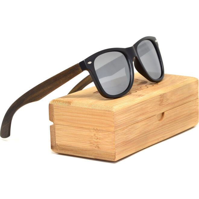 Ebony wood classic style sunglasses with silver mirrored polarized lenses - bamboo box