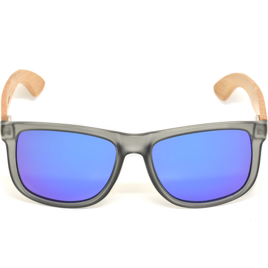 Square bamboo wood sunglasses blue mirrored polarized lenses