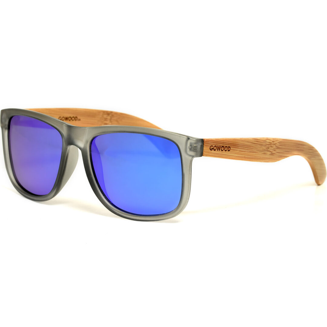 Square bamboo wood sunglasses blue mirrored polarized lenses left