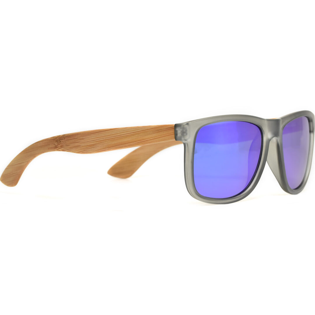 Square bamboo wood sunglasses blue mirrored polarized lenses right