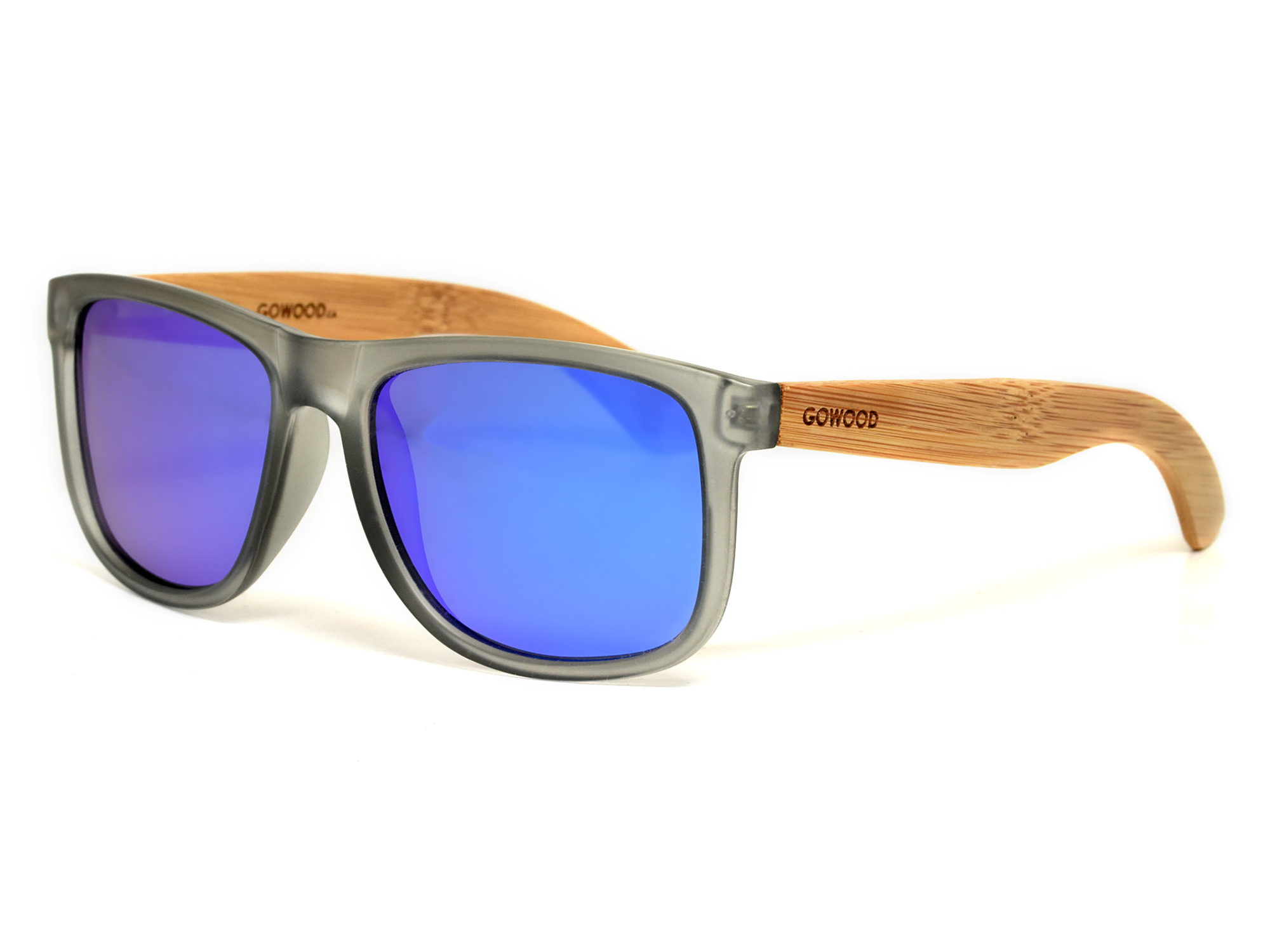 Square bamboo wood sunglasses with blue mirrored polarized lenses