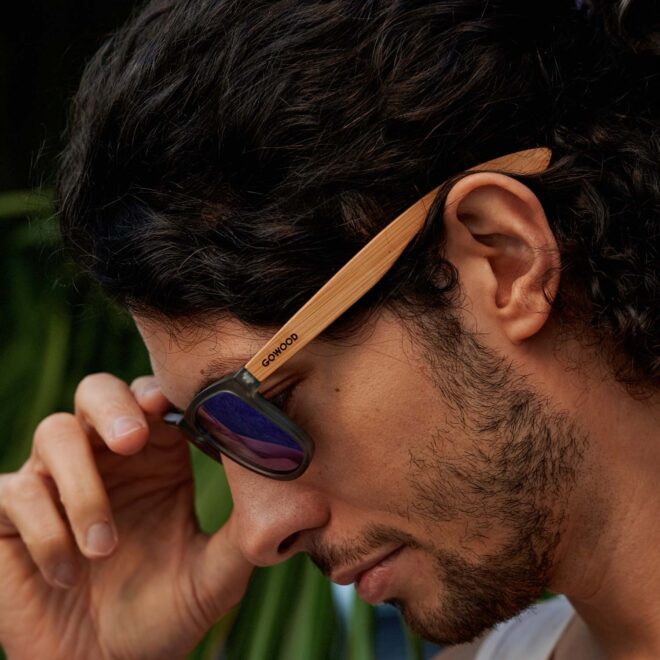 Square bamboo wood sunglasses blue mirrored polarized lenses on men