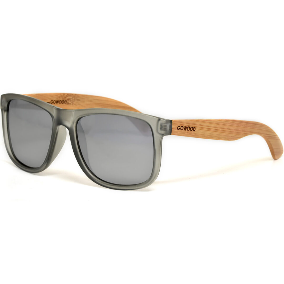 Square bamboo wood sunglasses silver mirrored polarized lenses acetate left