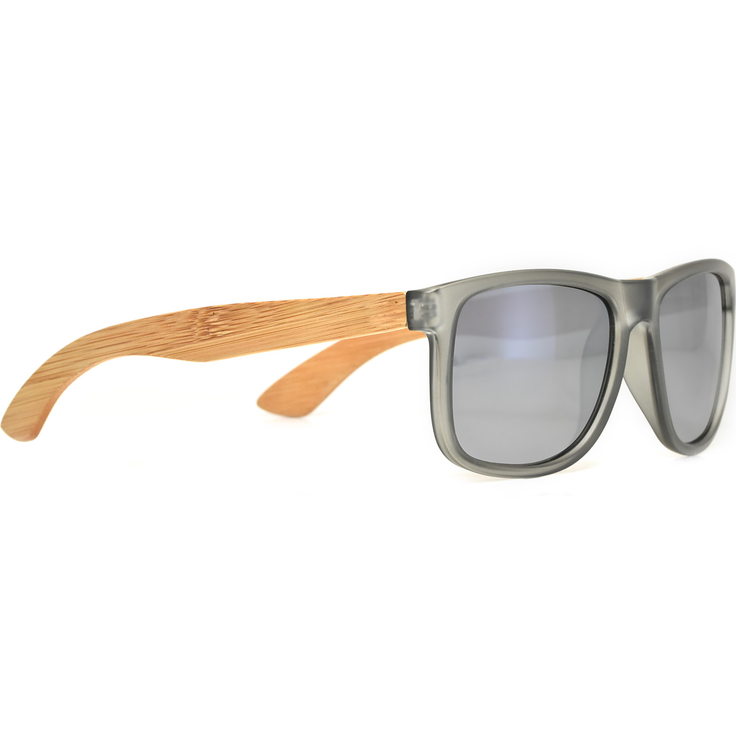 Square bamboo wood sunglasses silver mirrored polarized lenses acetate right