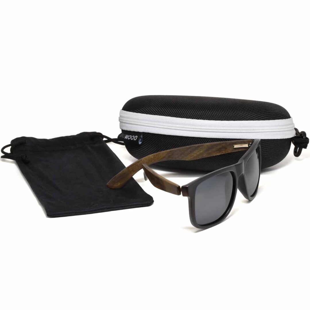 Square ebony wood sunglasses black polarized lenses zipper box set