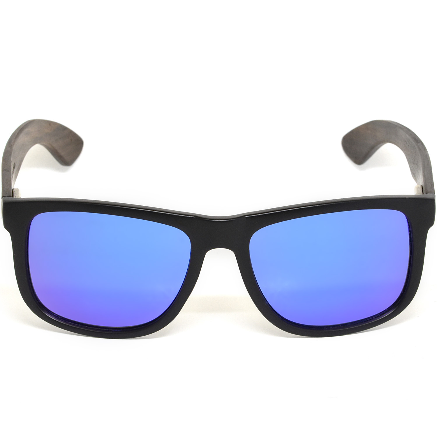 Square ebony wood sunglasses blue mirrored polarized lenses acetate front