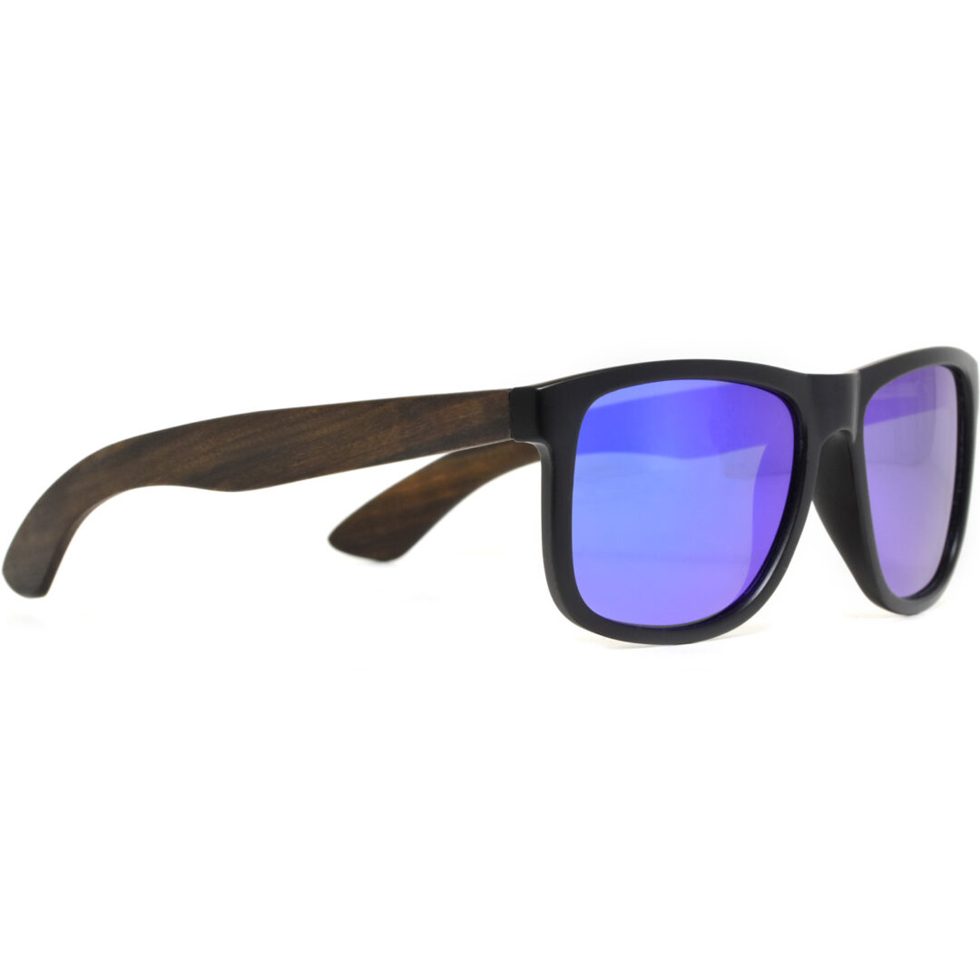 Square ebony wood sunglasses blue mirrored polarized lenses right