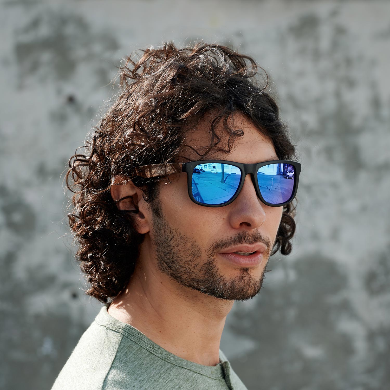 Square ebony wood sunglasses blue mirrored polarized lenses on men
