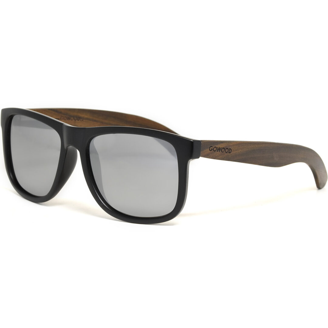 Square ebony wood sunglasses silver mirrored polarized lenses acetate left