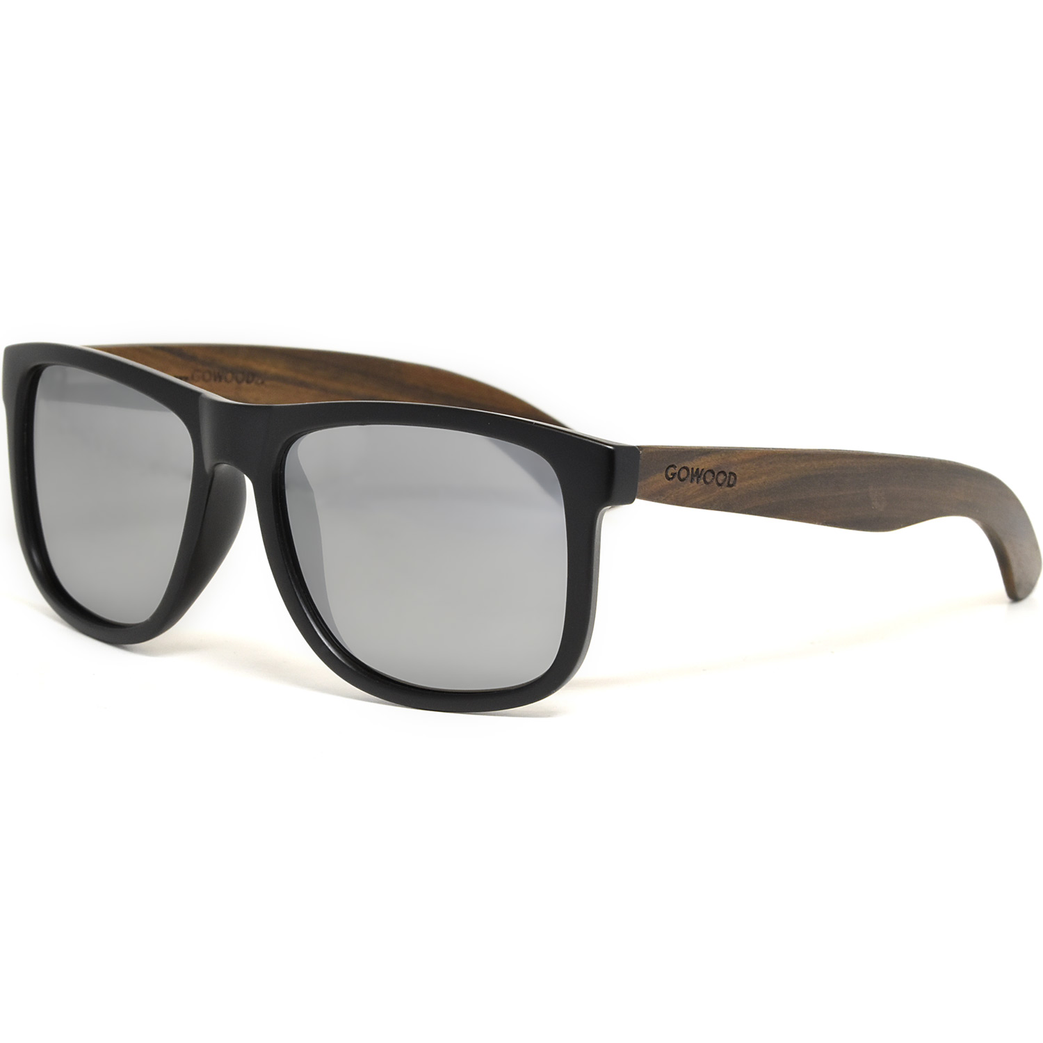 Square ebony wood sunglasses silver mirrored polarized lenses left