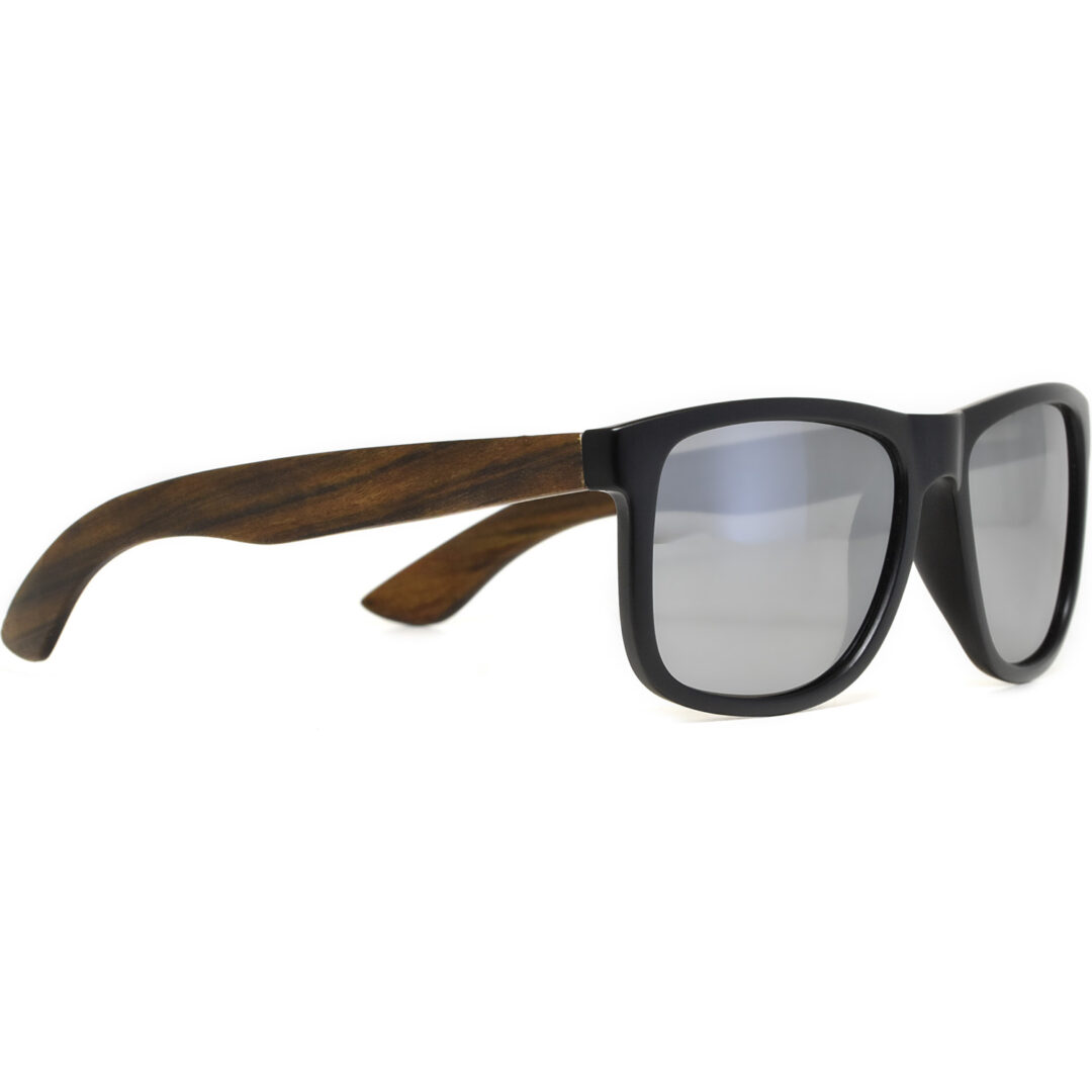 Square ebony wood sunglasses silver mirrored polarized lenses acetate right