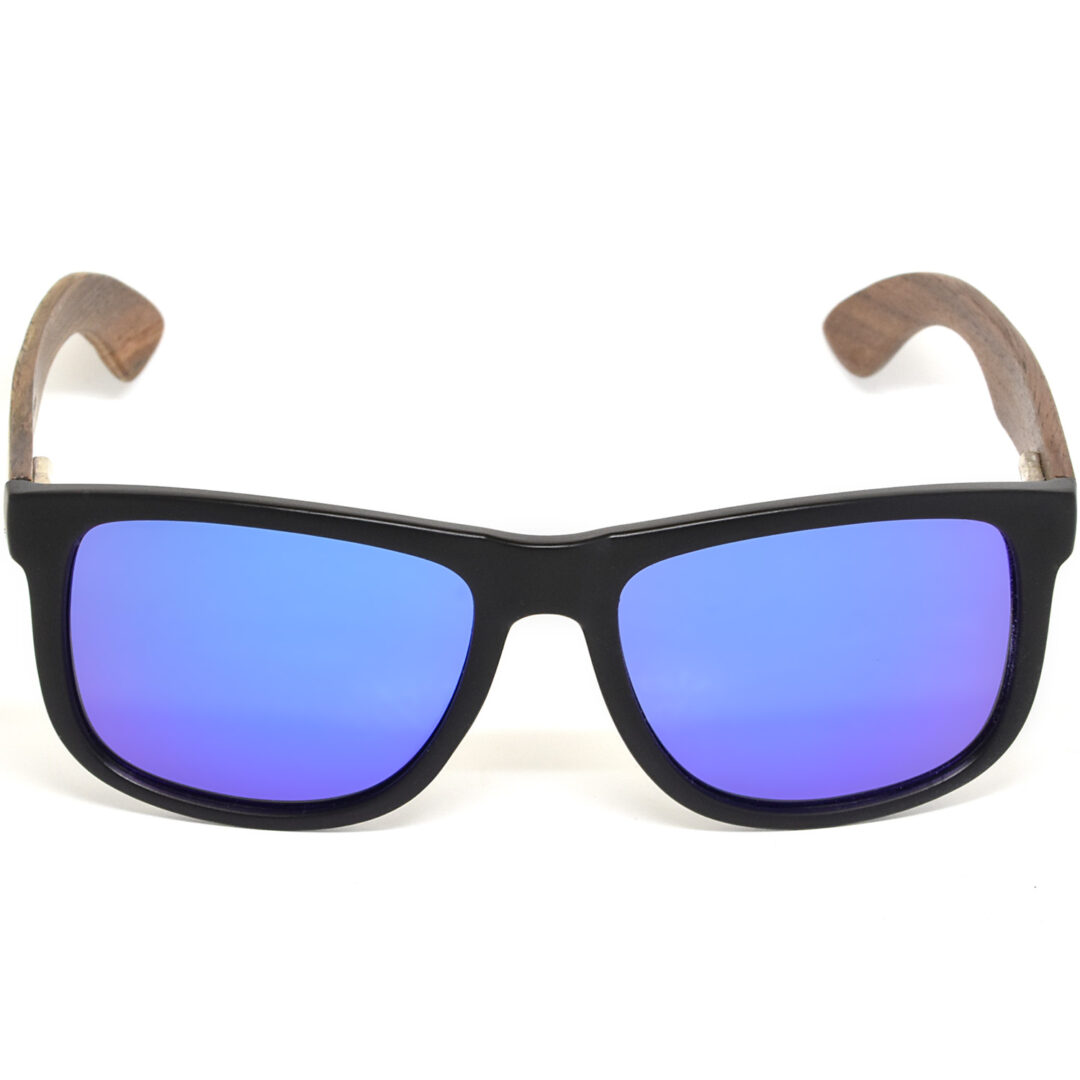 Square walnut wood sunglasses blue mirrored polarized lenses acetate front